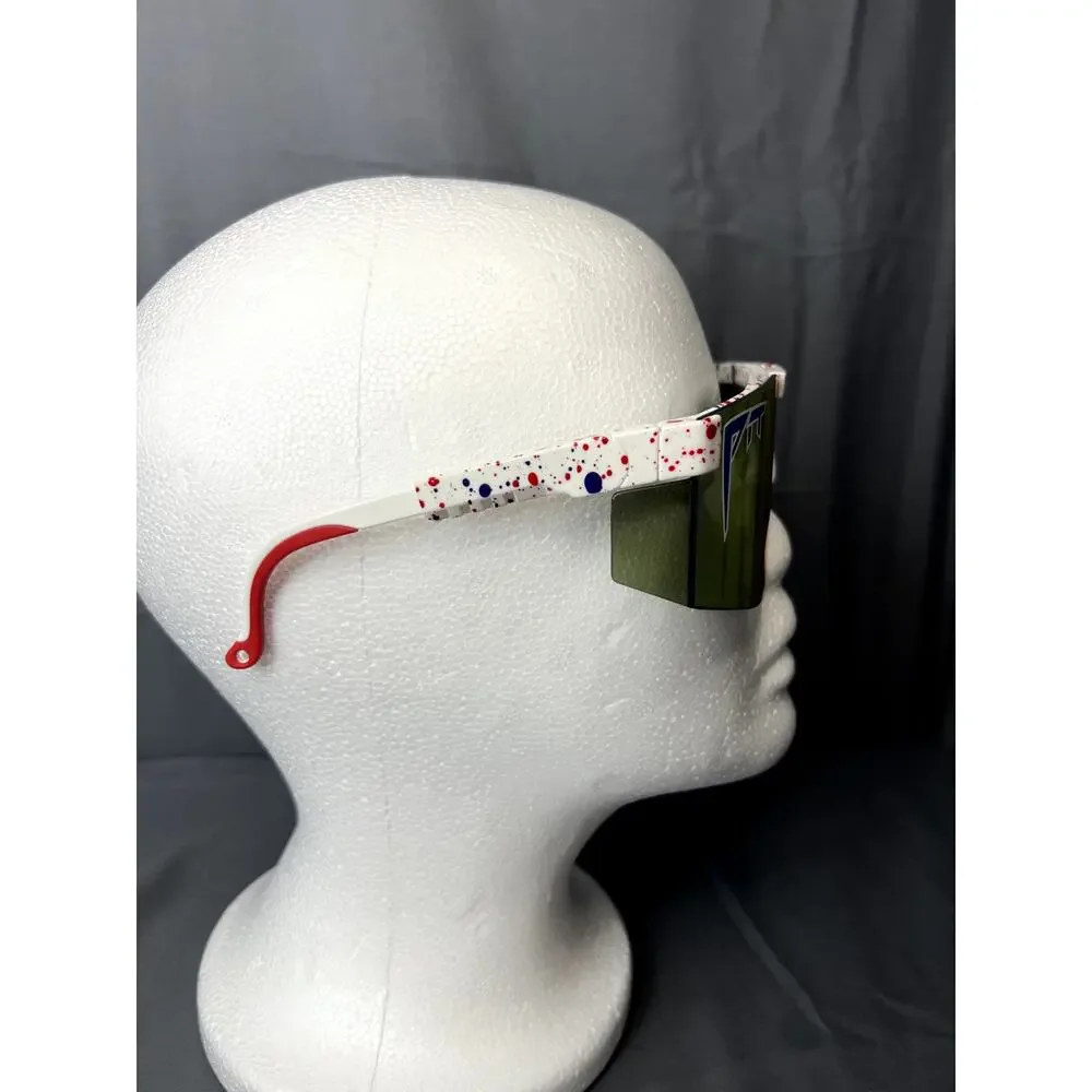 Pit Viper white splatter sunglasses with red and blue accents
